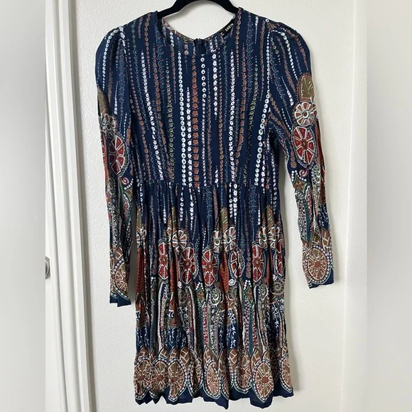 Shein Dresses | Shein Long Sleeve Navy Skater Dress with Floral Print | Color: Blue/Brown | Size: S | Sarahstyles24'S Closet